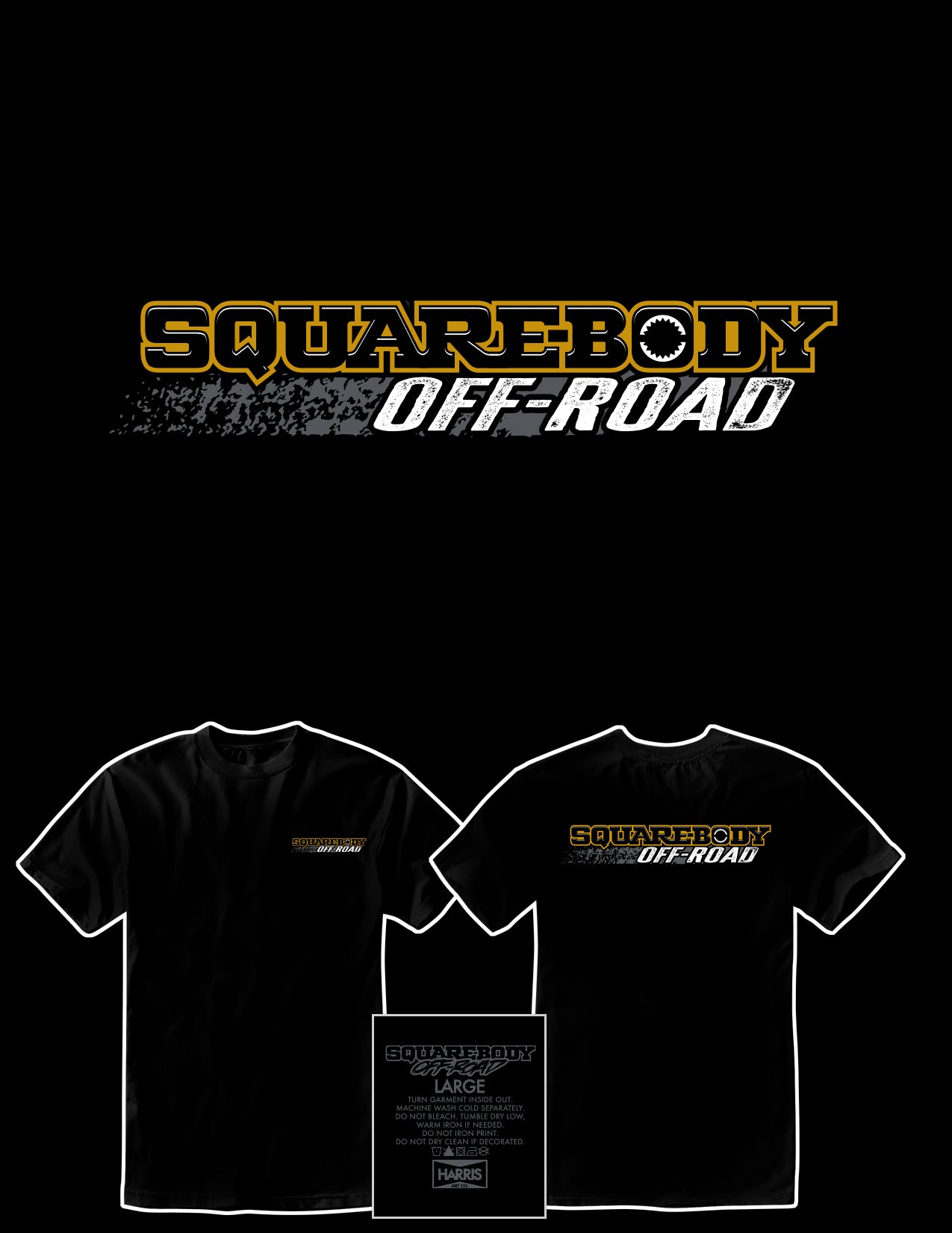 Black t-shirt with 'Squarebody Off-Road' logo on a black background