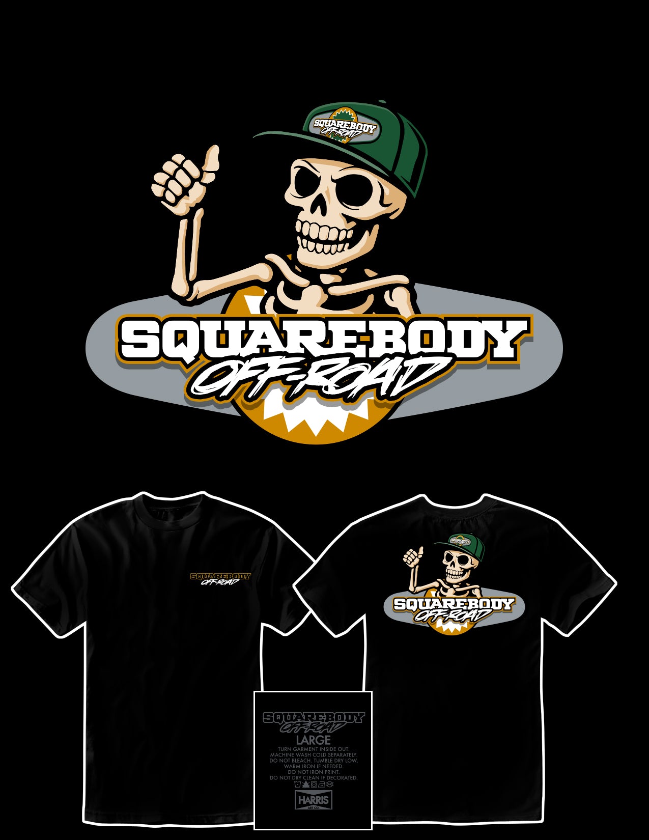 Squarebody Off Road logo with skeleton wearing a cap on a black t-shirt. 