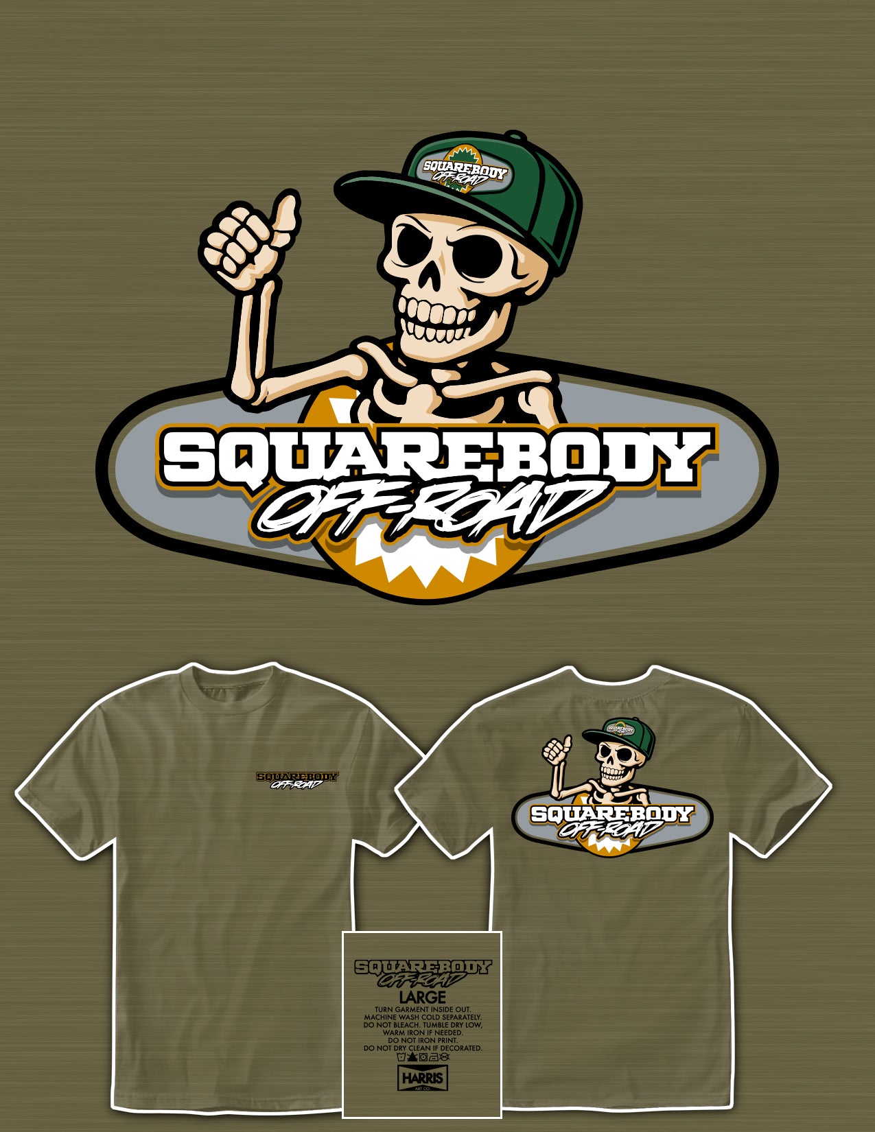Squarebody Off Road logo with skeleton wearing a cap on a light olive t-shirt. 