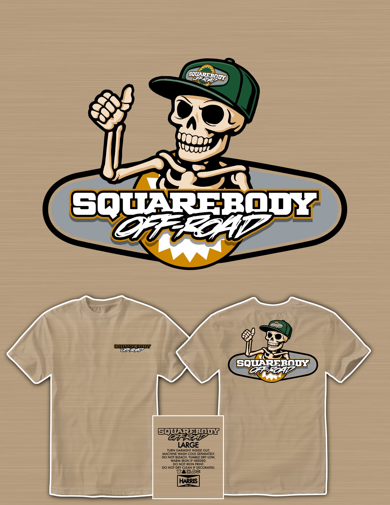 Squarebody Off Road logo with skeleton wearing a cap on a tan t-shirt. 